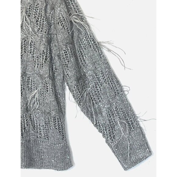 New Chico's Gray Wool blend Sequins Feather Pullover Sweater Top - Picture 9 of 15